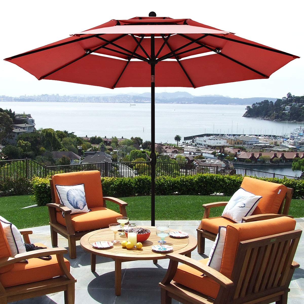 Tangkula 10 Ft 3 Tier Patio Umbrella, Outdoor Aluminum Double Vented Tilt Umbrella with Crank, for Market, Backyard, Poolside, Garden (Burgundy)