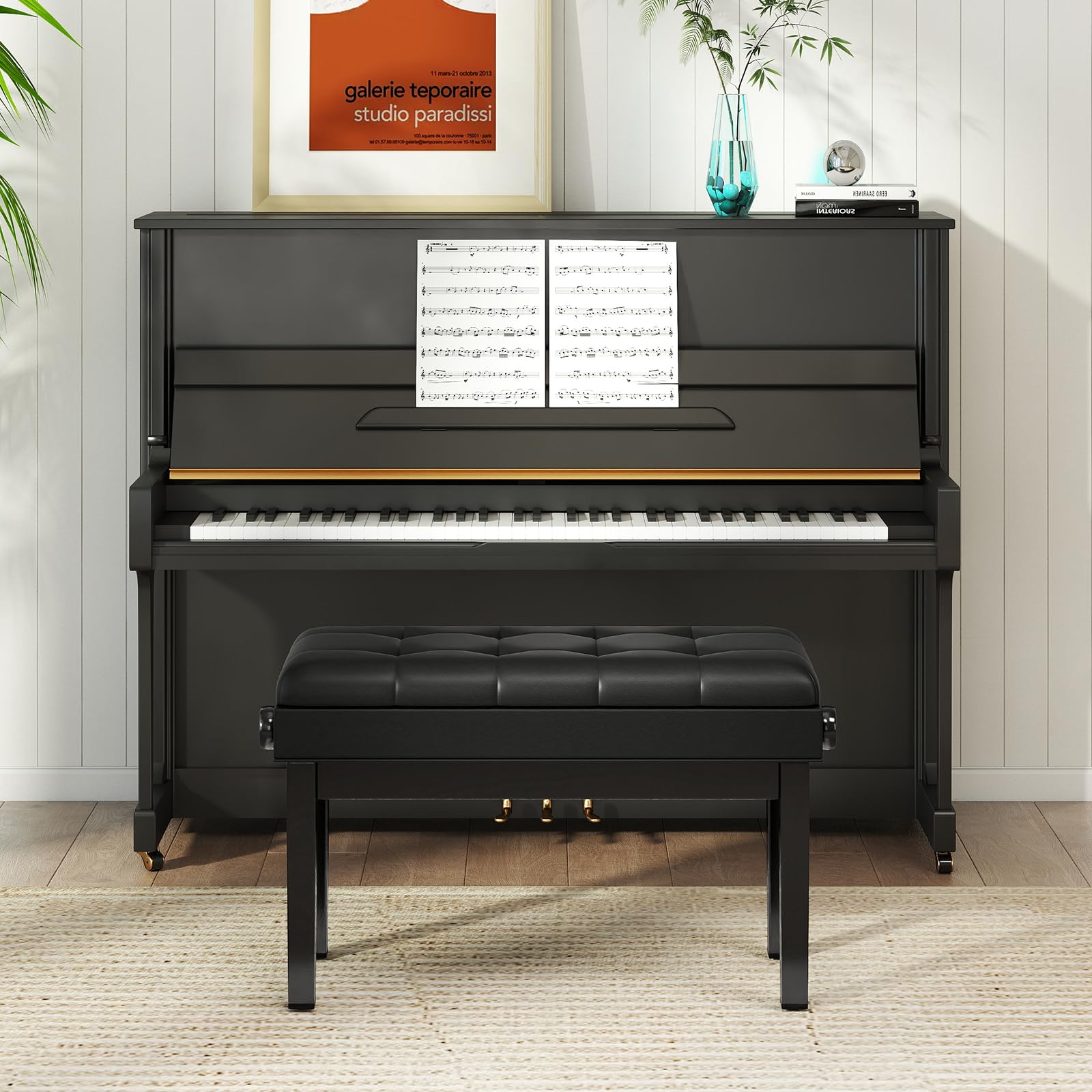 GIANTEX Klavierbank mit verstellbarer Höhe 48-58 cm, gepolsterte Klavierbank für 2 Personen, Hocker mit Stauraum und rutschfesten Füßen, Schwarz