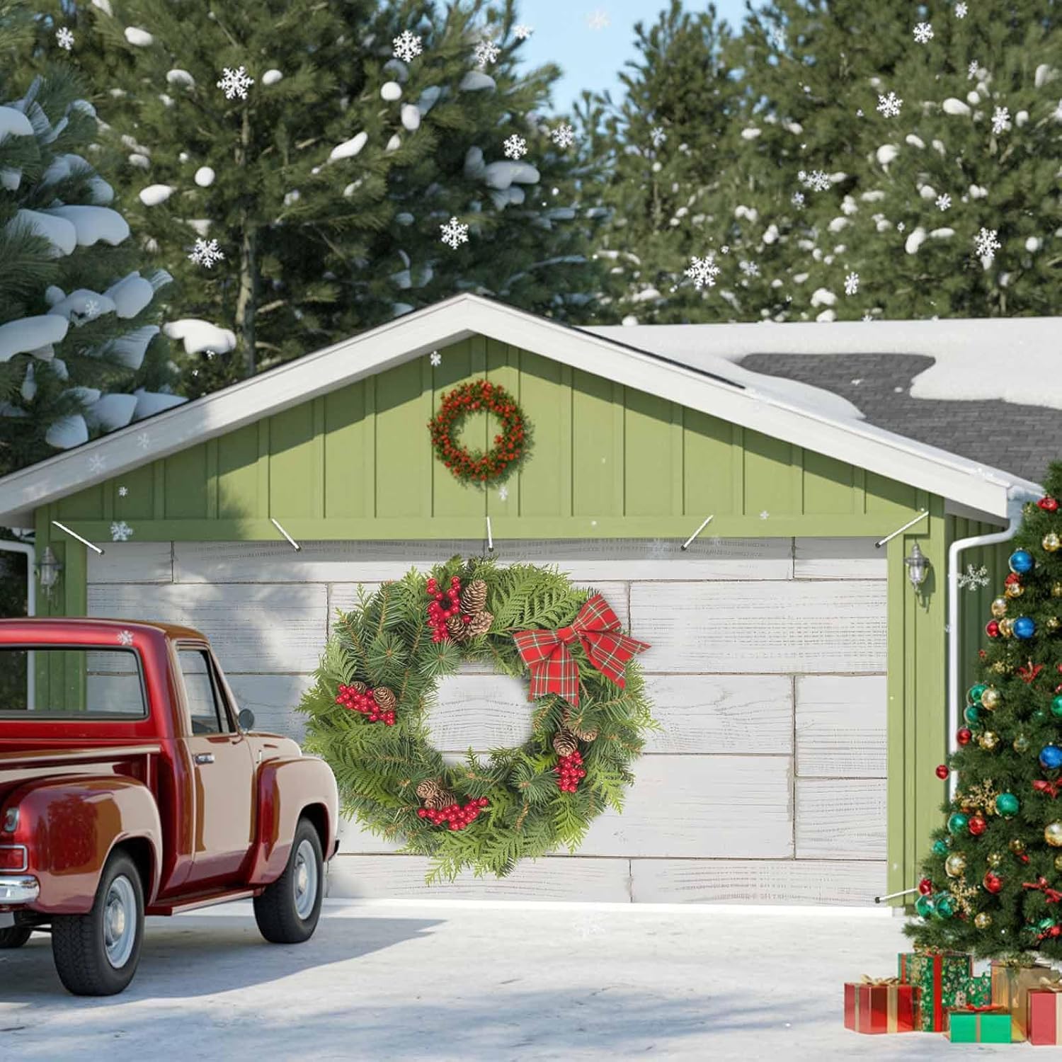 Christmas Wreath Garage Door Banner Cover 7 x 16 ft, Red Berry Pinecone Greenery Red Plaid Bowknot Wood Grain Garage Door Decorations Holiday Christmas Backdrop Decor for Winter New Year Xmas Party