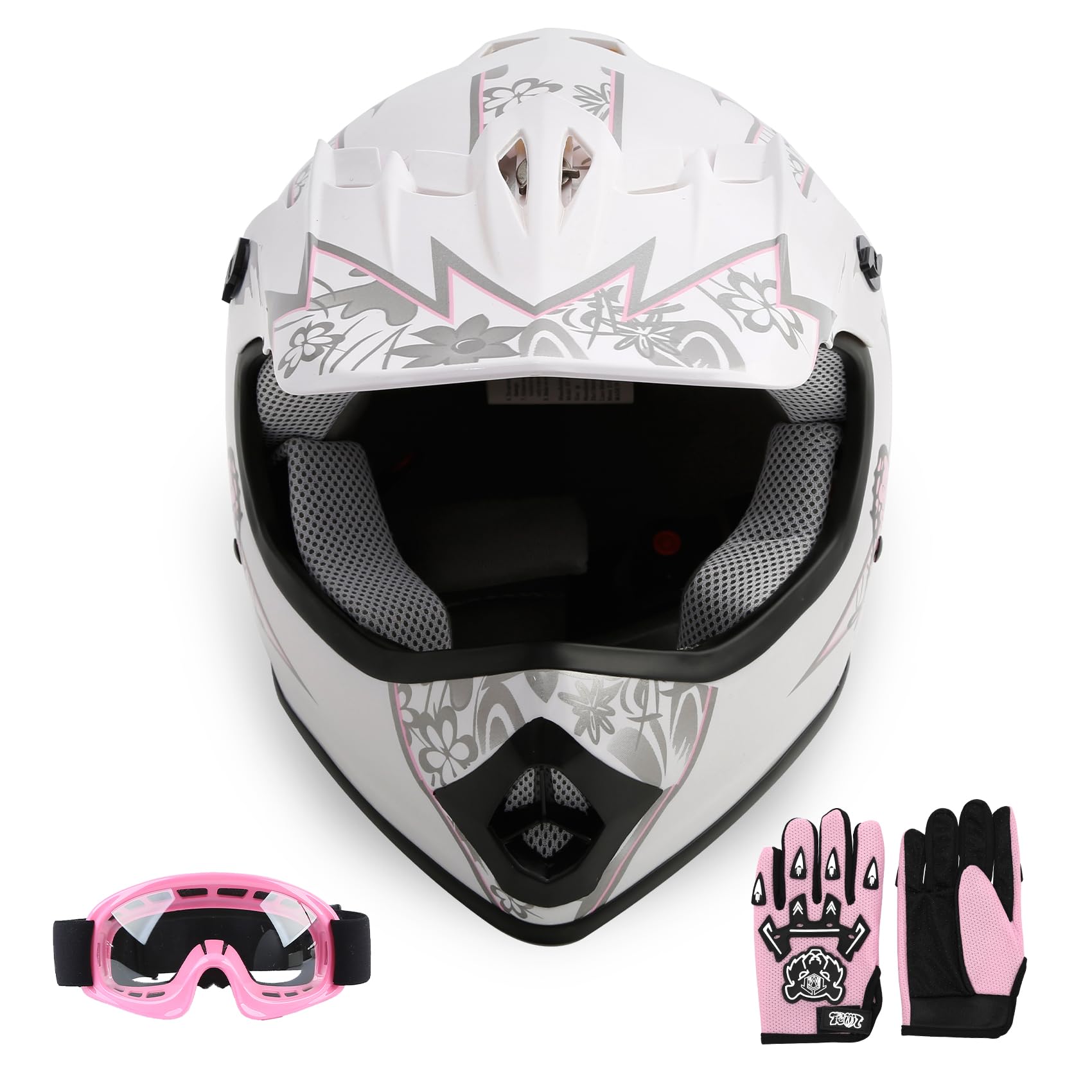 SLMOTO Youth Kids Motocross DOT Approved Helmet Offroad Street Helmet Motorcycle Helmet Dirt Bike Motocross ATV Pink Butterfly Helmet+Goggles+Gloves Pink Butterfly Design X-Large