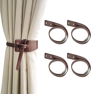 Leather Curtain Tie Backs, 4 Piece Minimalist Leather Drapery Tiebacks, Window Treatment Holdbacks, Vintage Style Curtain Tie Backs Curtain Buckle (Coffee)