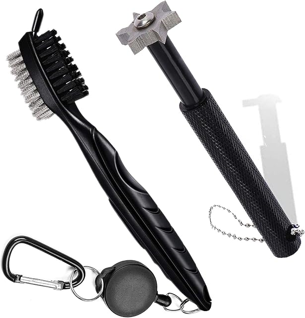 Golf Club Brush and Golf Groove Cleaner Sharpener Tool Set, Cleaning Sharpening Kit for Wedge Irons, Double Sided Brush with Spike for Cleaning Club Groove Zip-Line Clip Easy to Use and Attach to Golf Bag Ball Pouch