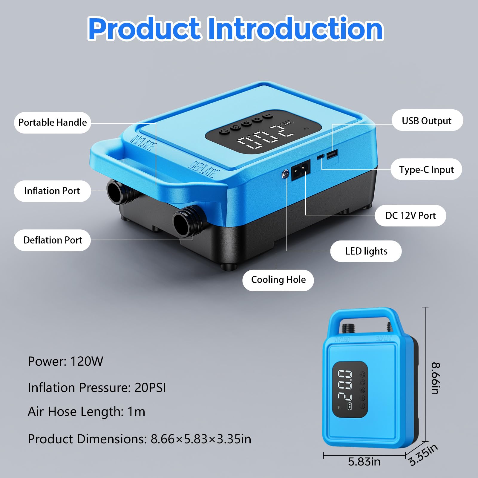 Pompa elettrica SUP 20 PSI Pompe ad aria con batteria ricaricabile da 15600 mAh Intelligente Inflazione/Deflazione Precisione fino a 0,01 bar Spegnimento automatico per tavole SUP kayak