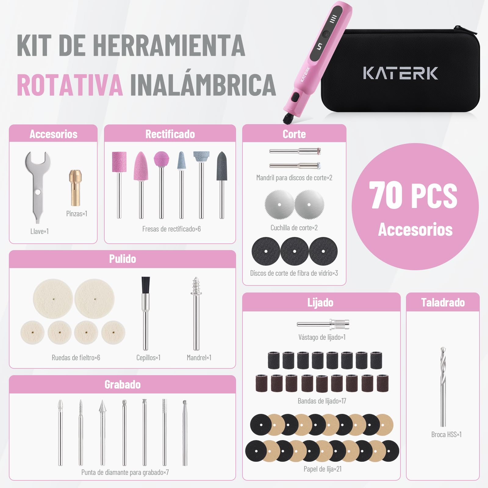 Katerk Kit de Herramientas de Amoladora, 5 Velocidades Herramienta Rotativa, 5000-20000RPM, Batería 2500mAh, 3.7V Mini Amoladora Eléctrica con 70 Accesorios para Grabar,Taladrar,Cortar, Esmerilar-Rosa