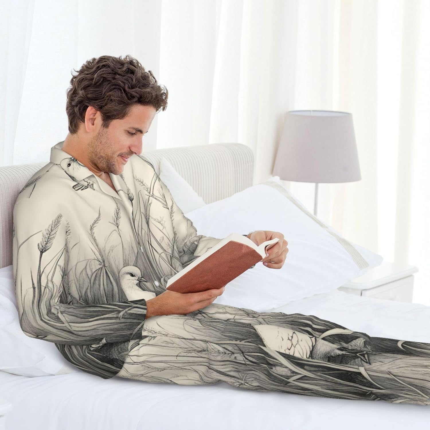 Grass And Dove Print Luxurious Mens Pajamas Set,Breathable Pajamas Set,Perfect For Lounging Bed,Sofa