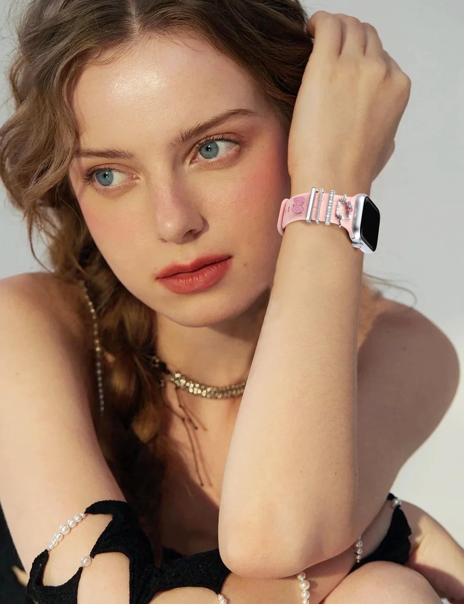 JR.DM Watch Band Charms (with Band) Compatible with Apple Watch Band 38mm 40mm 41mm Women, Cartoon Silicone Band & Cute Decorative Apple Watch Charms for iWatch Series 9 8 7 6 5 4 3 2 1 SE