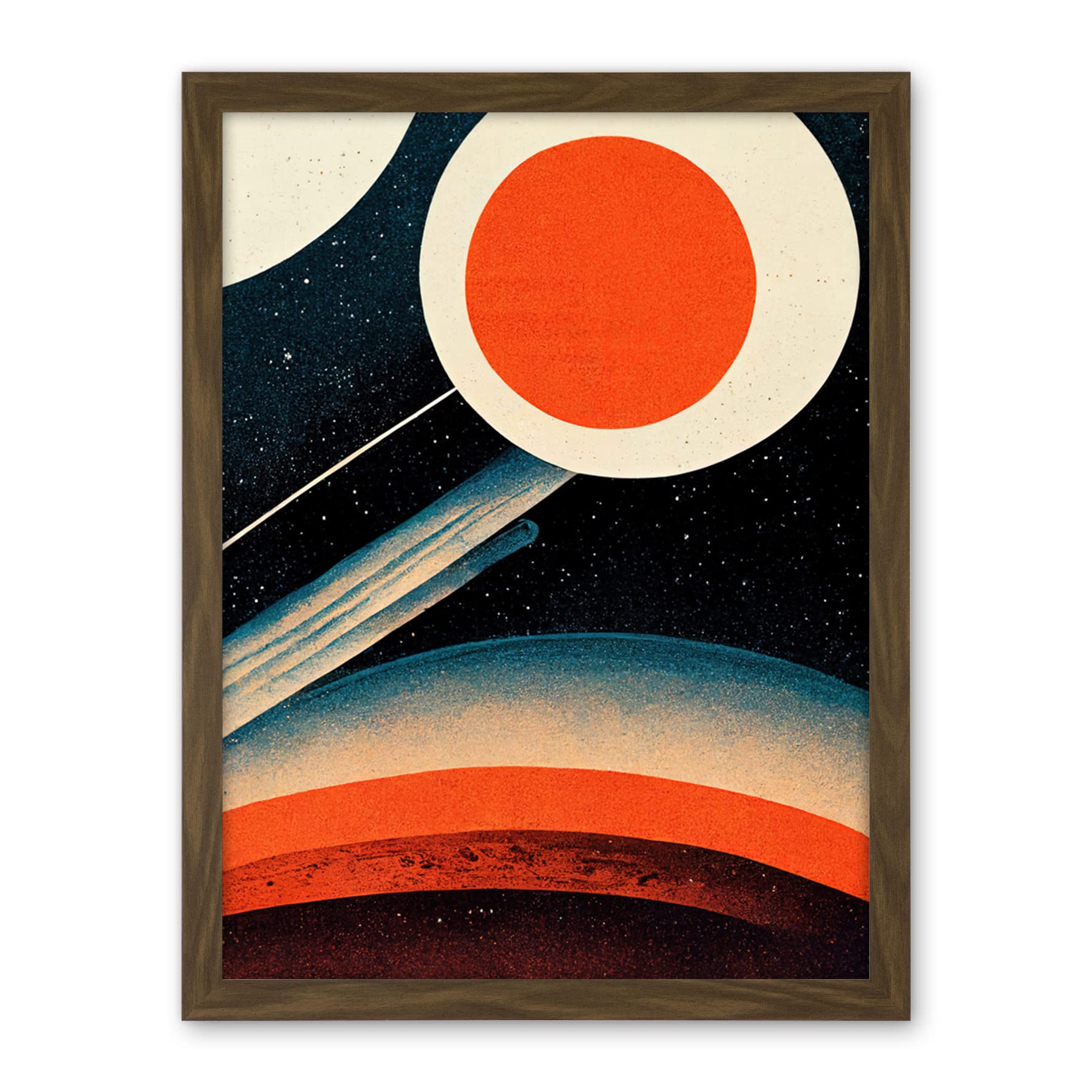Wee Blue Coo Retro Boho Space Starscape Abstract Mid Century Style Navy Teal Orange Cream Artwork Framed Wall Art Print 18X24 Inch