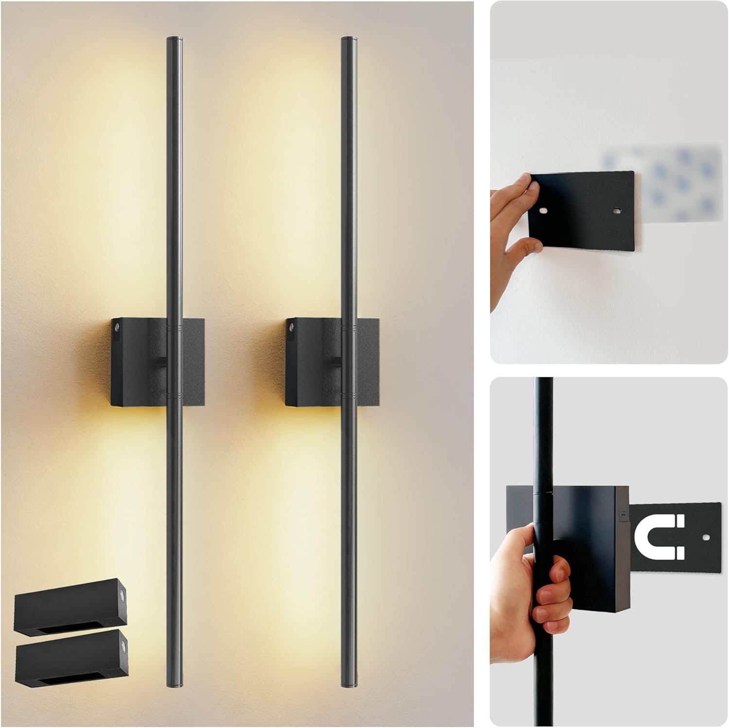 L LOHAS LED 27.7in Peel and Stick on Battery Operated Wall Sconces Set of 2, Magnetic Linear Wall Sconce Easy Install witg Removable Battery, No Drill, Sconces Wall Decor Set of for Livingroom, Black