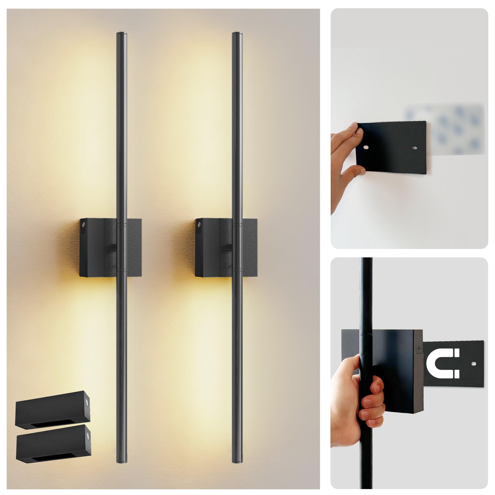 Peel and Stick on Battery Operated Wall Sconces Set of 2, Adhesive Linear Wall Sconce Easy Install, Magnetic Removable Battery, No Drill, Sconces Wall Decor Set of for Livingroom, Black, 27.7in