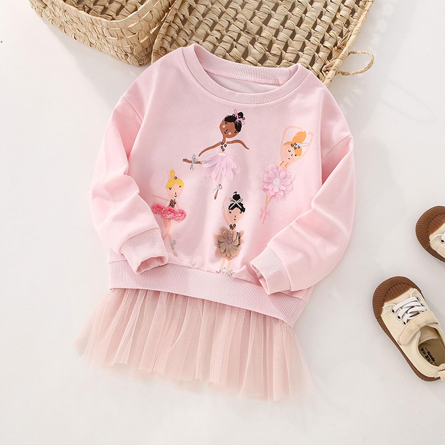 Toddler Girls Sweatshirts Crewneck Shirt Kids Applique Print Long Sleeve Fall Winter Cotton Tops 2-7t
