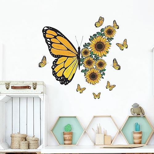 Calcomanías de pared cálidas de girasol y mariposas, diseño de mariposas amarillas, calcomanías de pared removibles de vinilo para despegar y pegar