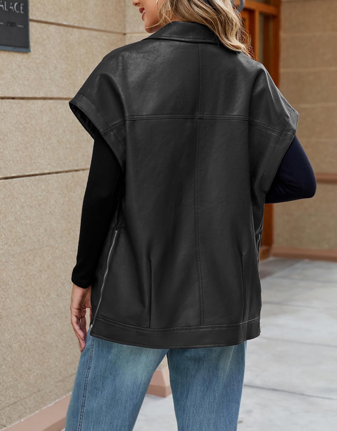 Ladyful Womens Oversized Leather Vest Sleeveless Faux Leather Jacket Motorcycle Biker Vest Coat Outerwear - Image 4