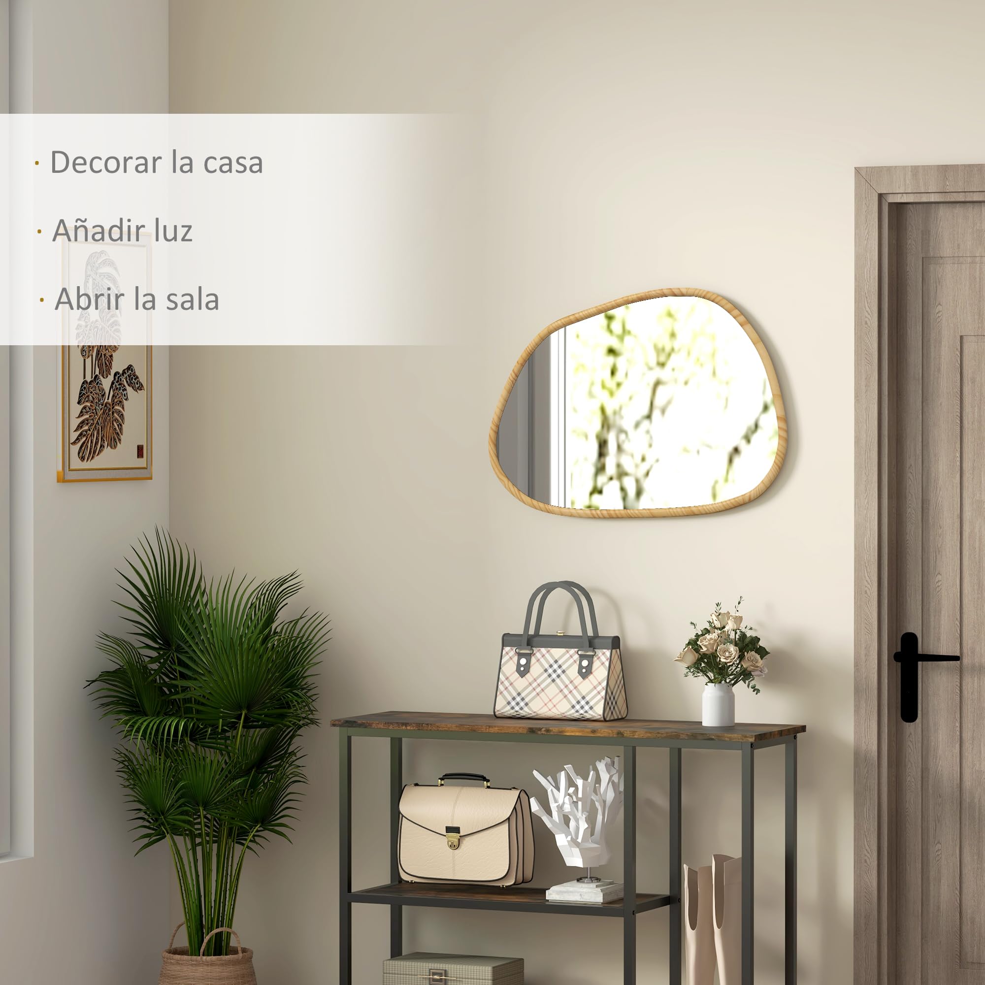 HOMCOM Espejo de Pared Decorativo 70x50 cm Espejo de Baño con Forma Irregular y Marco de Madera para Salón Entrada Pasillo Horizontal o Vertical Natural