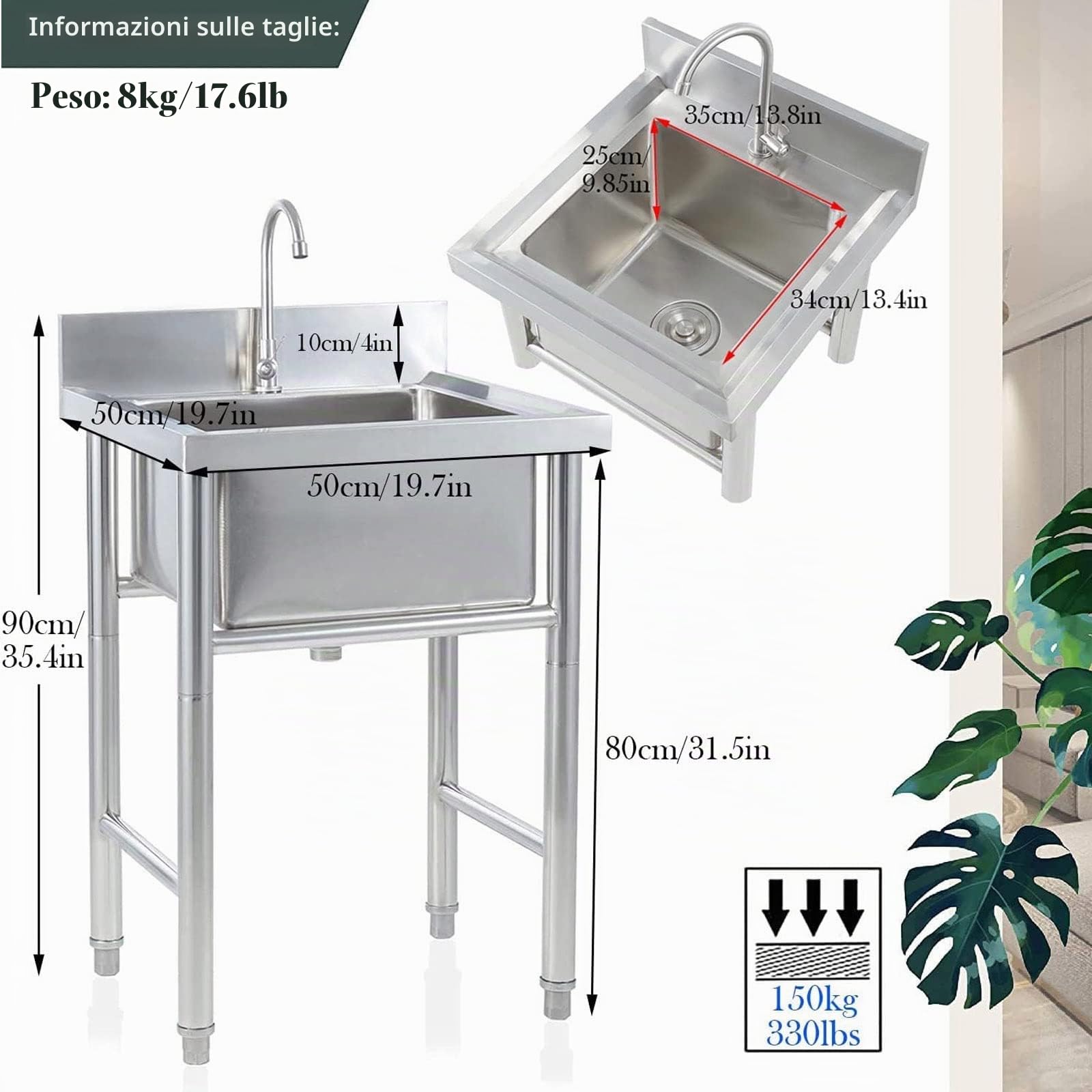 Acciaio Inox Lavello da Cucina per Esterno Commerciale a vasca singola con Rubinetto per garage Lavamani industriale per la casa Ristorante,Lavanderia,Giardino 50cm x 50cm x 80cm