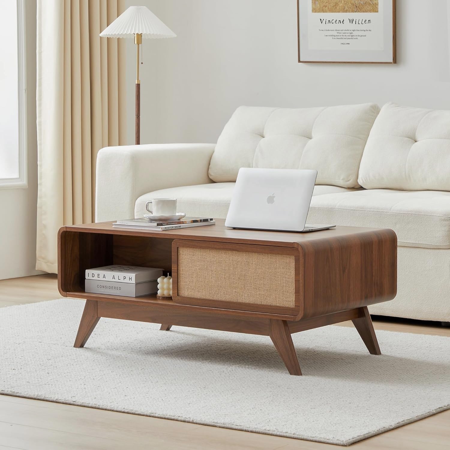 AVZEAR Mid Century Modern Coffee Table with Storage, Curved Edge Wood Coffee Table with Sliding Nature Linen Door, Farmhouse Center Table Rectangle Coffee Table for Living Room, Office, Walnut