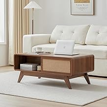 AVZEAR Mid Century Modern Coffee Table with Storage, Curved Edge Wood Coffee Table with Sliding Nature Linen Door, Farmhouse Center Table Rectangle Coffee Table for Living Room, Office, Walnut