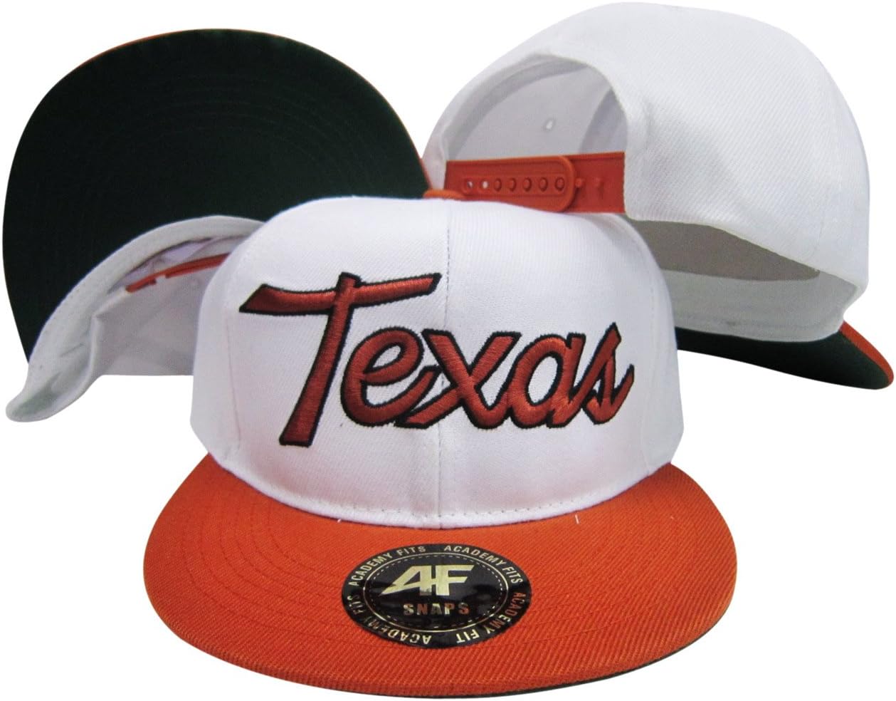AF SnapsTexas Script Longhorns Colors White/Burnt Orange Adjustable Snapback Hat/Cap