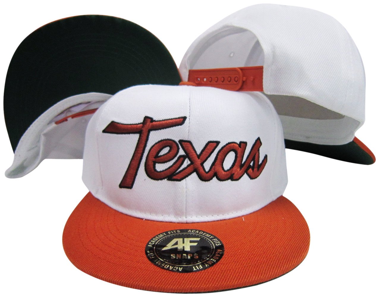 AF SnapsTexas Script Longhorns Colors White/Burnt Orange Adjustable Snapback Hat/Cap