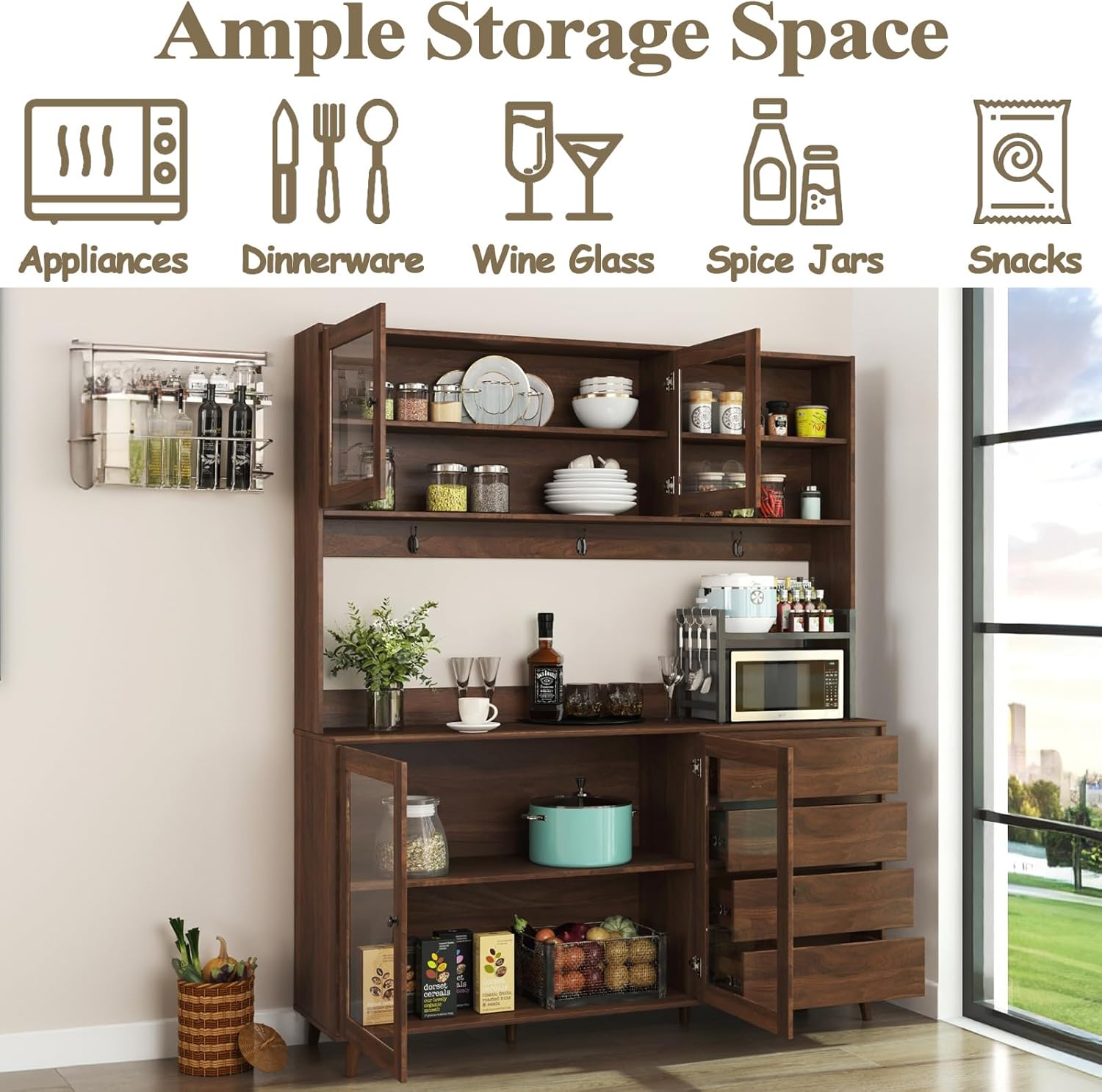 63” Kitchen Pantry Cabinet with Microwave Shelf & Countertop, Freestanding Storage Kitchen Hutch with Drawers & Glass Doors for Dining Room, Wooden Structure, Modern (Walnut)