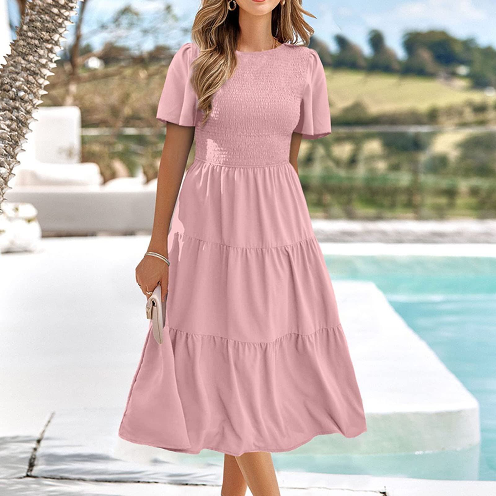 Trajes de verano para mujer, casual, de manga corta, cuello en V, cintura elástica, escalonado, vestido midi elegante e informal