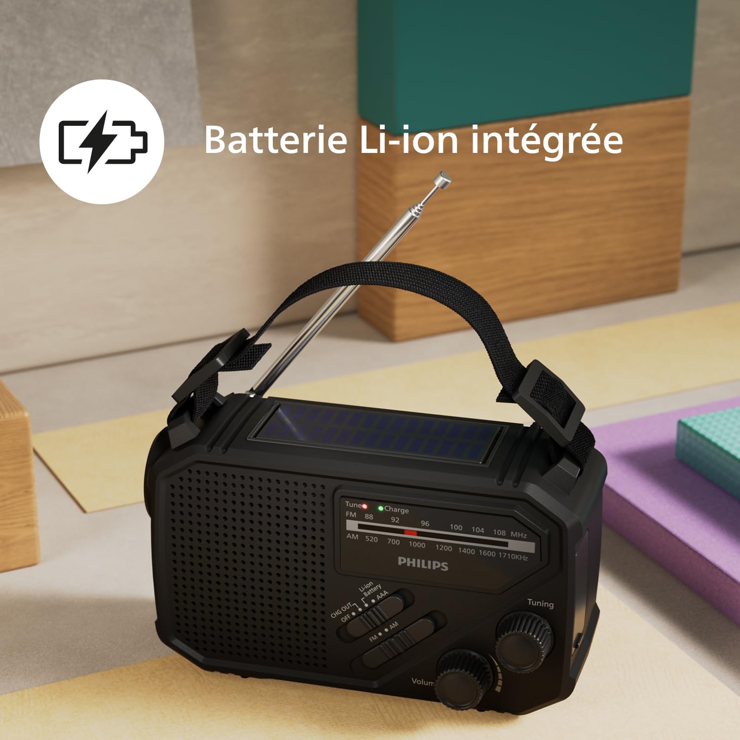 Philips TAR1659 Radio FM/AM Portable avec Batterie Rechargeable intégrée, Pile AAA et Alimentation de Secours à manivelle, énergie Solaire, lumière LED intégrée et Lampe de Poche pour Le Camping, la