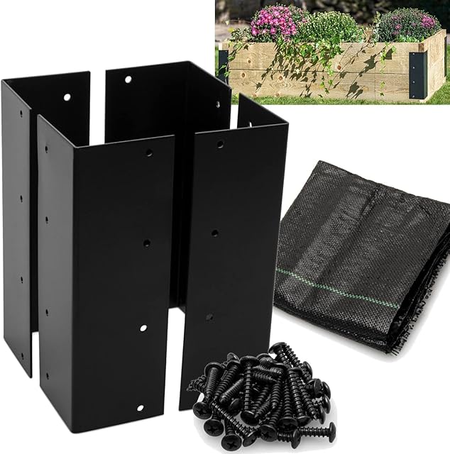 GDUUZ Set of 4 Raised Garden Corner Brackets makes a 10  15 high Planting Bed - Black - Heavy Duty - Powder Coated Steel - Weed Barrier Fabric and Hardware included