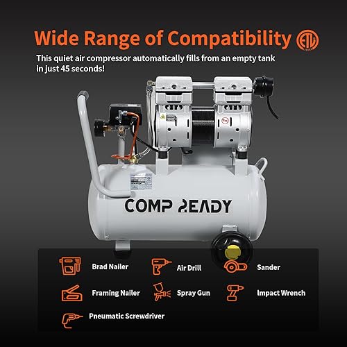 Miniatura 6 de Compresor de aire portátil de 2 galones 0.75HP 1.7 CFM90PSI 60dB Compresor de aire libre de aceite ultra silencioso ideal para inflado de