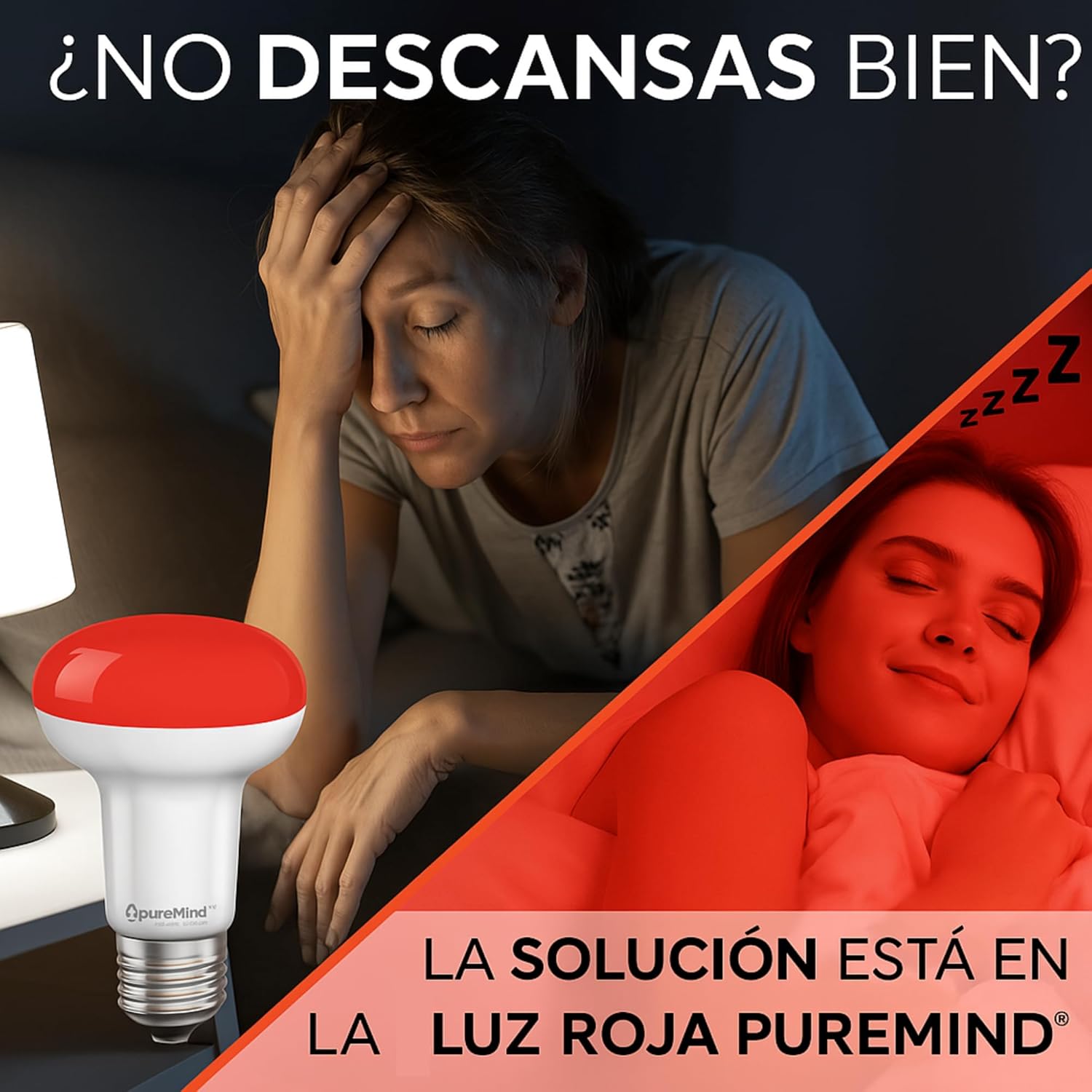 Puremind Melatonina E27 Luz Nocturna Roja Terapia de Luz Luz Roja Tecnología Sin Parpadeo + 0% Azul + Hilo Estándar + Mejora del Ritmo de Descanso