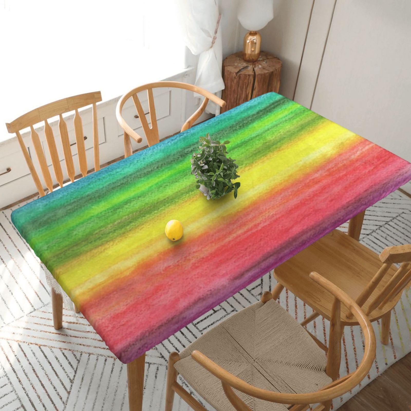 DCEHGEW Elastic Fitted Rectangle Tablecloth for 5ft Tables, Watercolor Rainbow Printed Oilproof & Washable Fabric Picnic Table Cloth Table Covers