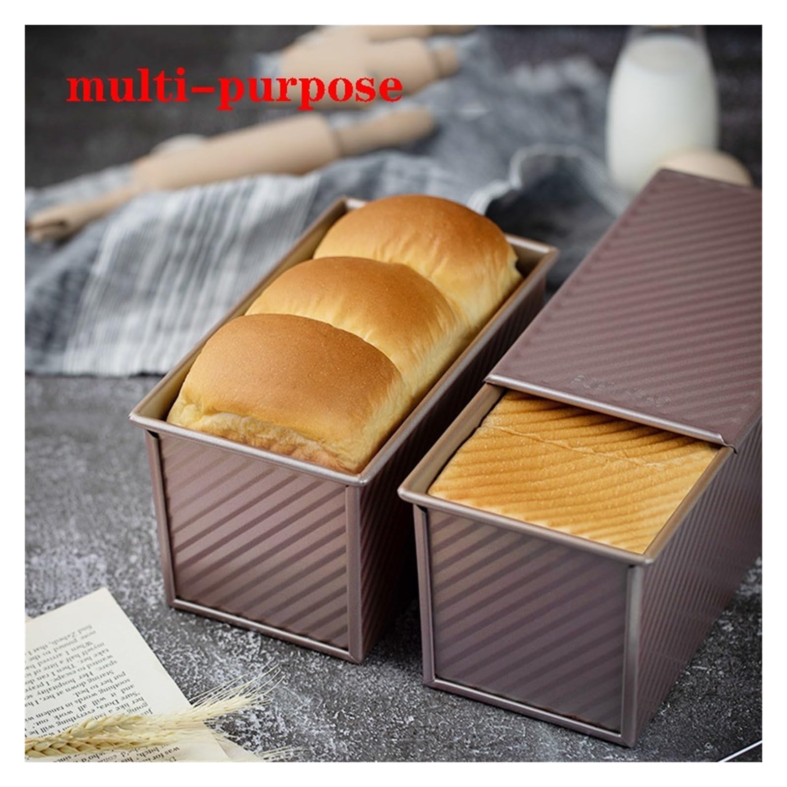 Pull Man Molde for Pan con Tapa, Rectangular, Caja for Tostadas de Pan de Acero al Carbono con Tapa, Antiadherente, Corrugado, for Hornear Pan, Capacidad de Masa de 1 Libra(B)