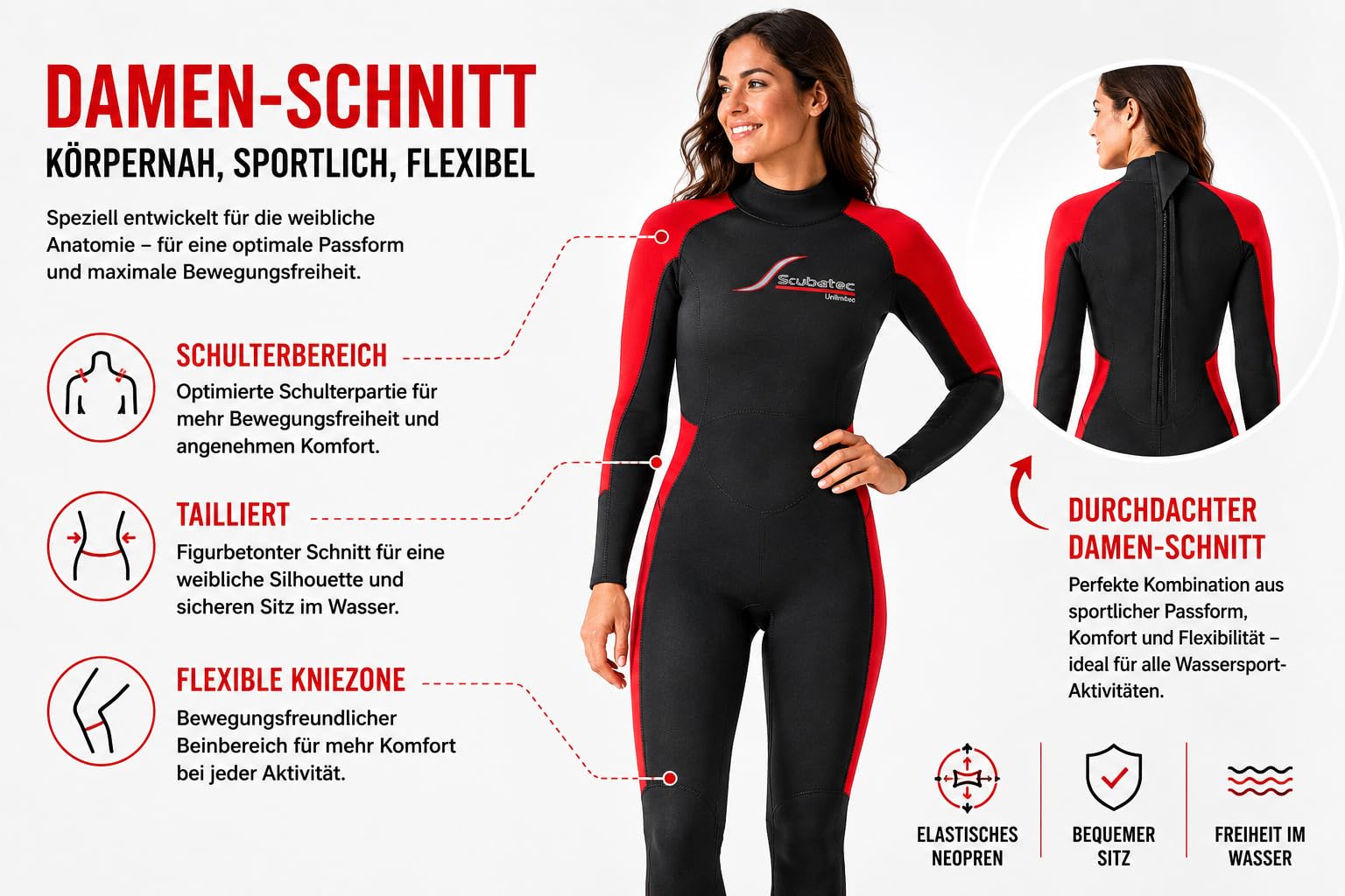 Scubatec 4mm Damen Neoprenanzug Lang – Nassanzug mit Damen-Schnitt, Rückenreißverschluss & verklebten Nähten für Tauchen, Schnorcheln, Schwimmen und SUP