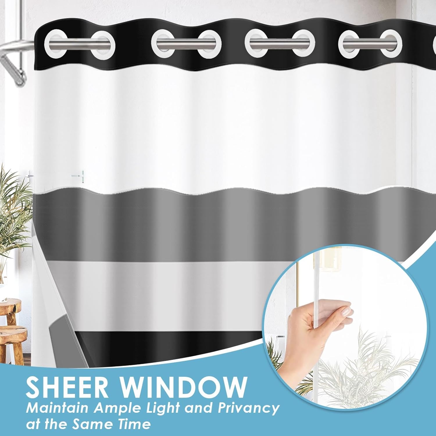 No Hook Black Stripes Shower Curtain with Snap in Fabric Liner Set, Modern Geometric Gray Double Layers Waterproof Fabric with See Through Top Window Bath Curtain 71x74 Inch