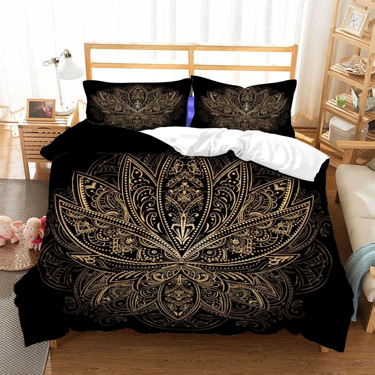 3D Duvet Cover 3 Pieces Lotus Pattern Printed Bedding Duvet Cover with Zipper Closure Soft Microfiber（200X200Cm）