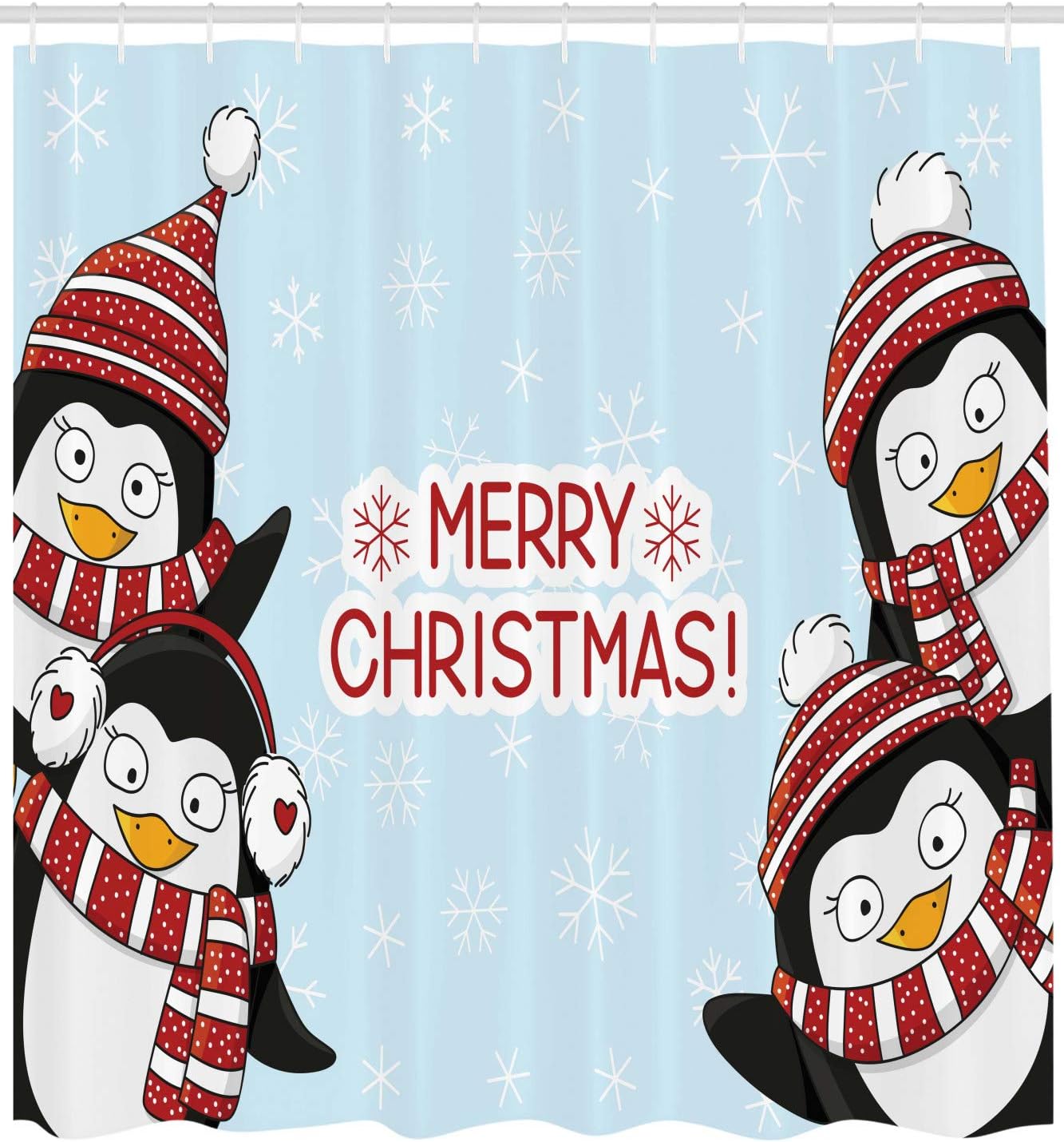 Ambesonne Christmas Shower Curtain, New Year Words Penguins with Hats and Scarf Snowflakes Theme, Cloth Fabric Bathroom Decor Set with Hooks, 69" W x 75" L, Blue Red