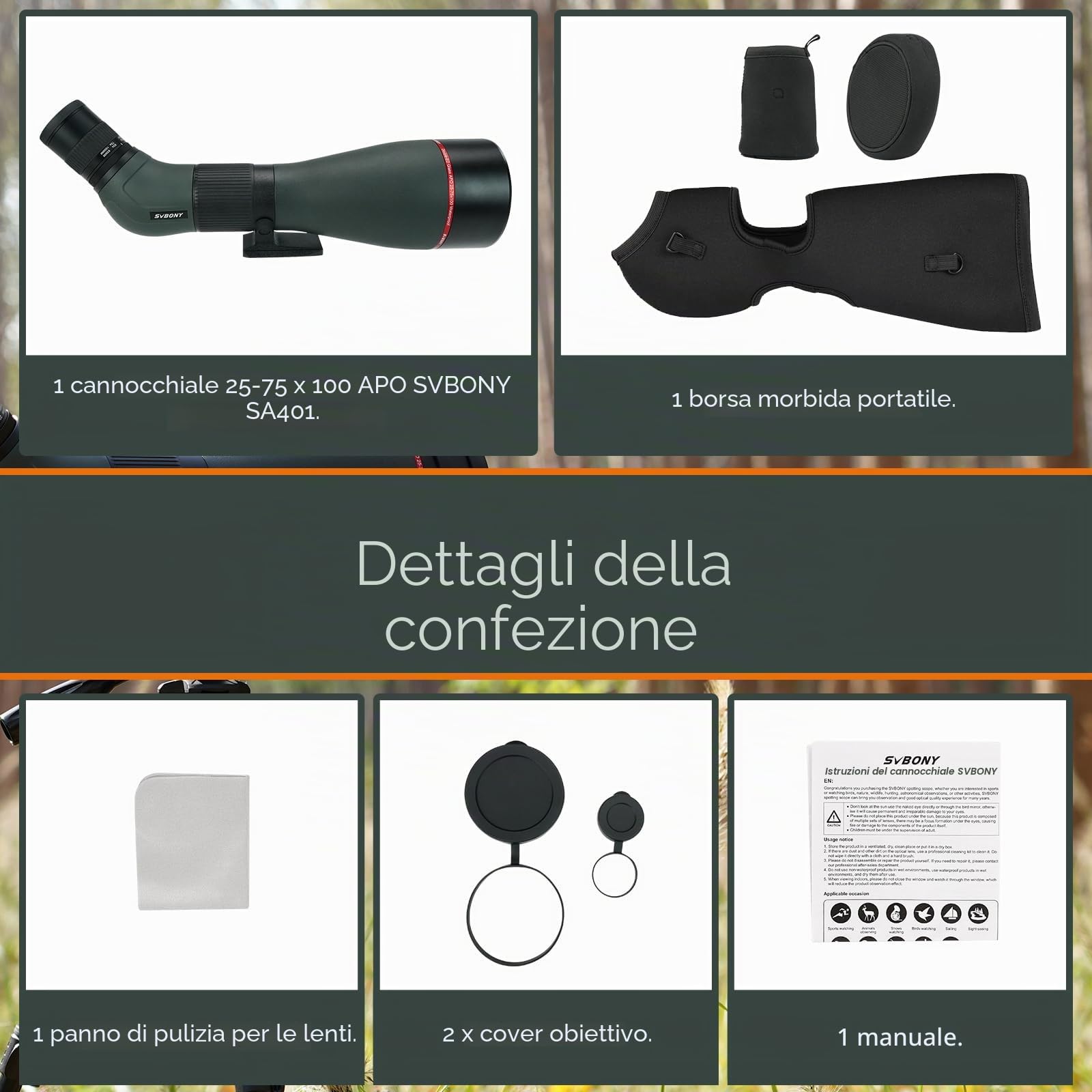 Svbony SA401 APO Cannocchiale, 25-75X100 Apocromatico Obiettivo con Doppia Lente ED FMC, Digiscoping Telescopio Spotting Scope Compatibile Con Fotocamera WIFI SC001 Impermeabili Birdwatching Uccelli