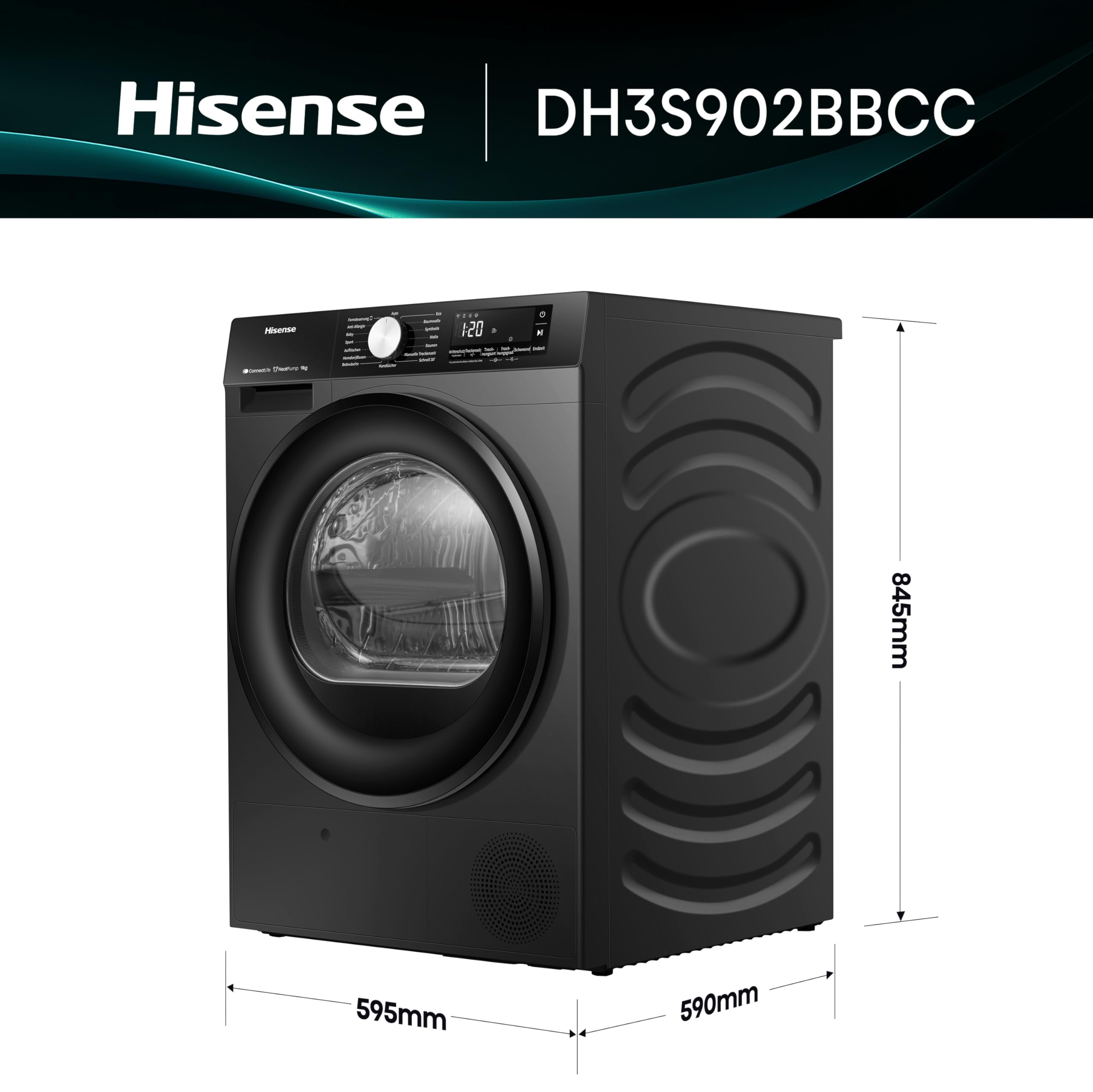 Hisense DH3S902BBCC Kondenstrockner mit Wärmepumpe / 9KG / 16 Programme/ConnectLife/Autodry/QuickDry/Allergie-Pflege/Auffrischen/TwinAir/DelayEnd/Feuchtesensor/EEK: C/Schwarz