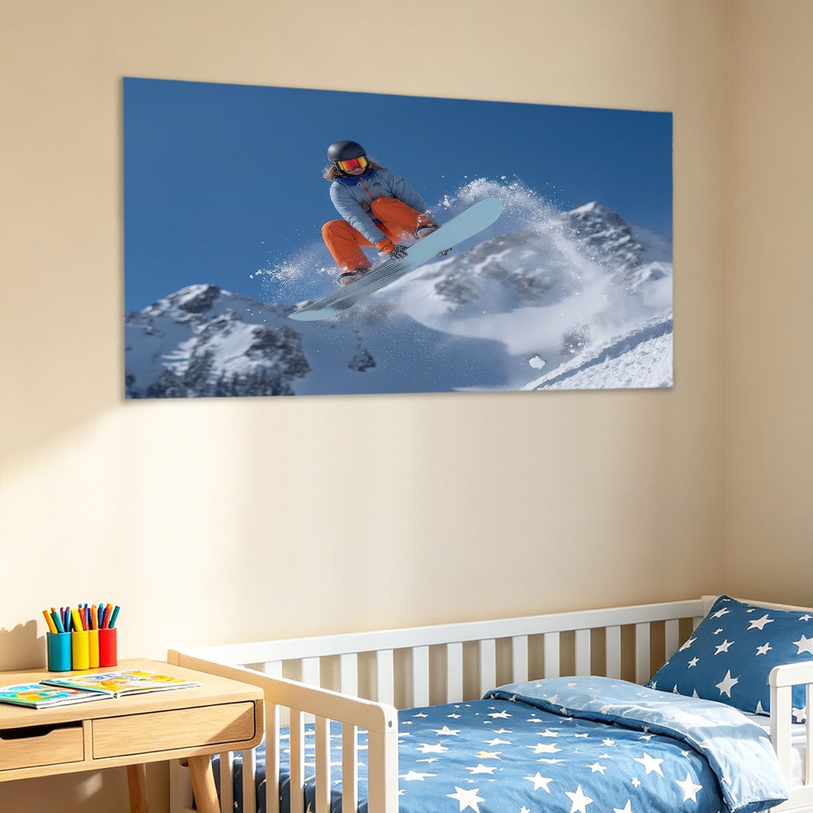Stampa artistica da parete su tela, 120 x 80 cm (lunghezza x larghezza), con cornice, con sciatore sportivo, per bagno, camera da letto, soggiorno, pareti, con ganci e chiodi