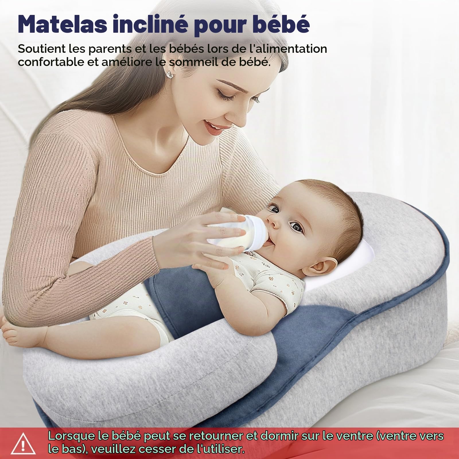 Coussin de Repos pour bébé, Inclinaison à 15°, Housse en Modal Respirant, prévient Les régurgitations, Convient aux Nouveau-nés et aux Tout-Petits (Grand modèle : 65 x 40 x 30 cm).