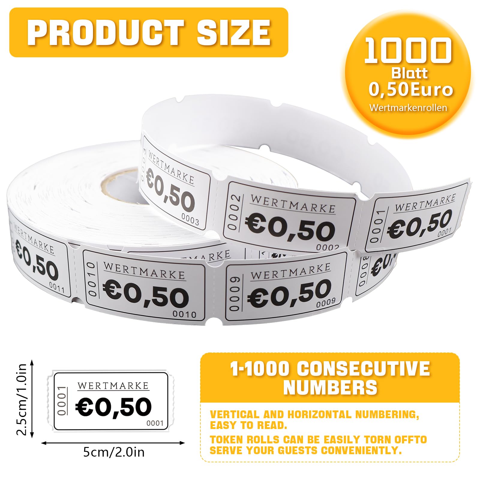 Jetons pour repas & boissons, rouleaux 1000 feuilles, numérotation continue, facile à déchirer (0,5 euro)