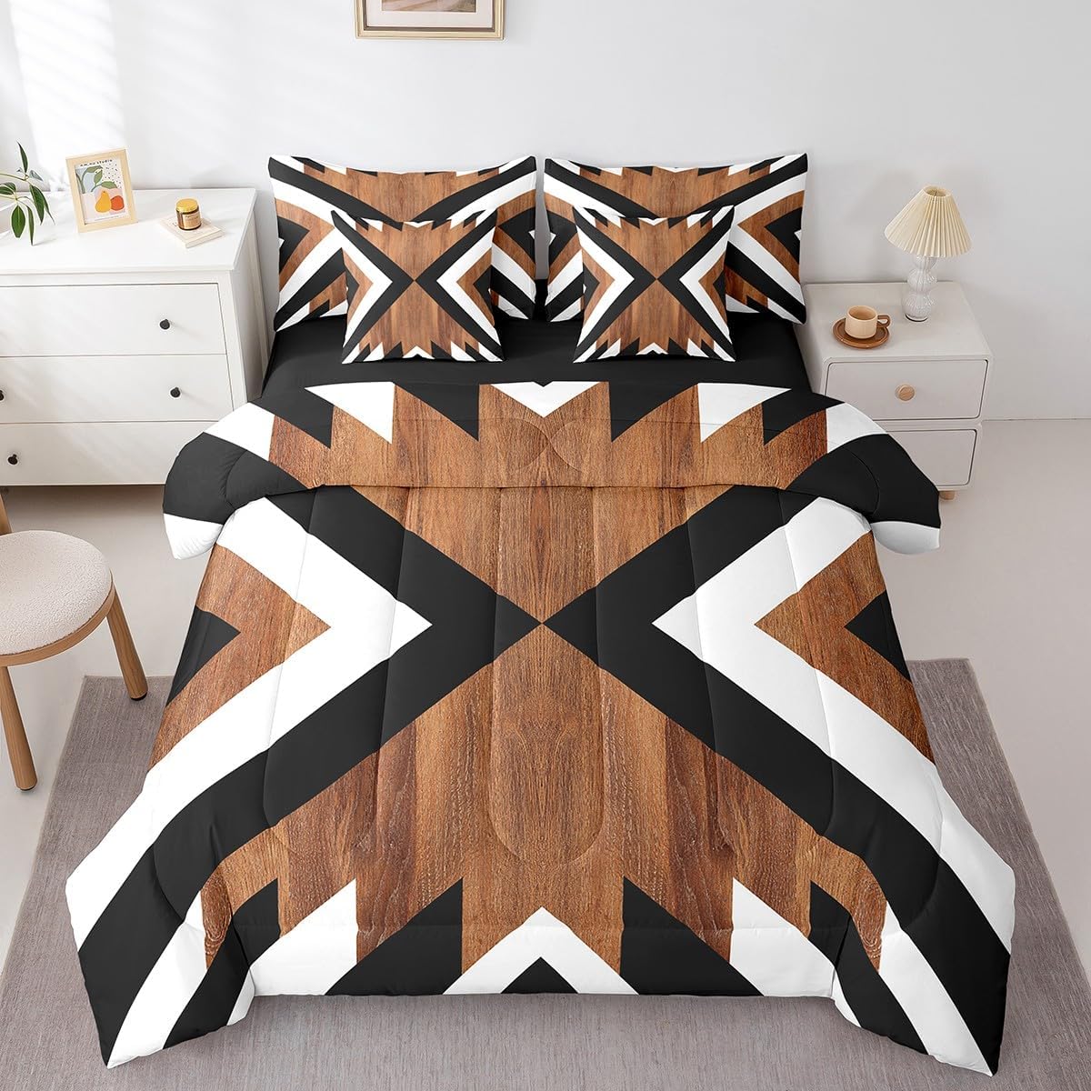 jejeloiu Boho Comforter Set with Sheets Queen Size Southwest Native American Design Bed in a Bag Set Retro Exotic Boho 7 Pieces Bedding Set Tribal Bed Set Coffee Brown