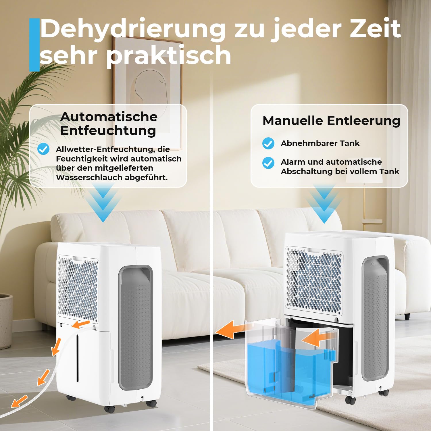 Osuszacz powietrza 26 l/24 h, cichy elektryczny osuszacz powietrza 38 dB, do pomieszczeń o wielkości do 150 m³ (50 m²), osuszacz powietrza z 3 trybami, timer 24 h, zdejmowany zbiornik na wodę