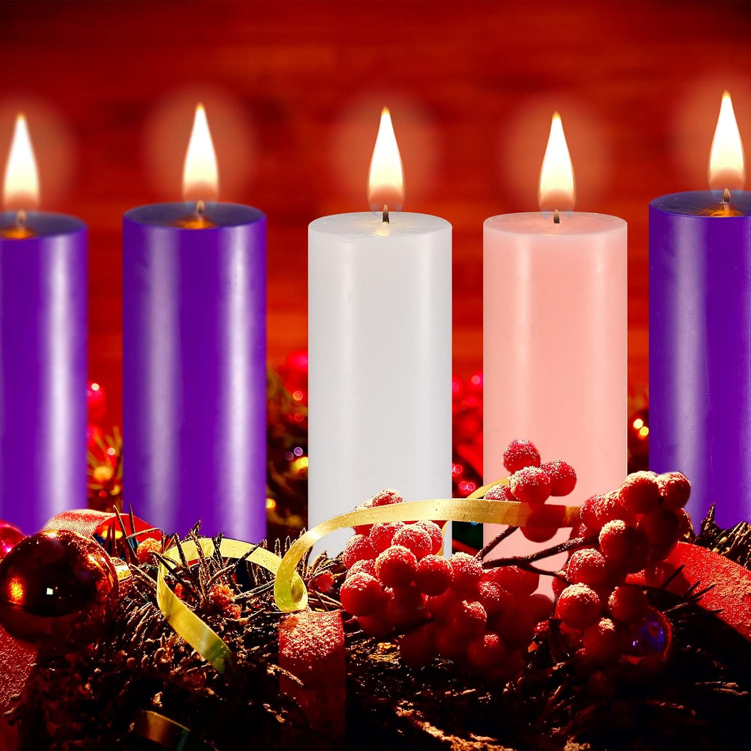 Jutom Set of 5 Christmas Advent Pillar Candles Dripless Scented Catholic Advent Candles Purple Pink White Hand Poured Wax Candle for Christmas Church Home Wedding Holiday Decor(Classic,3 x 7.9 Inch)