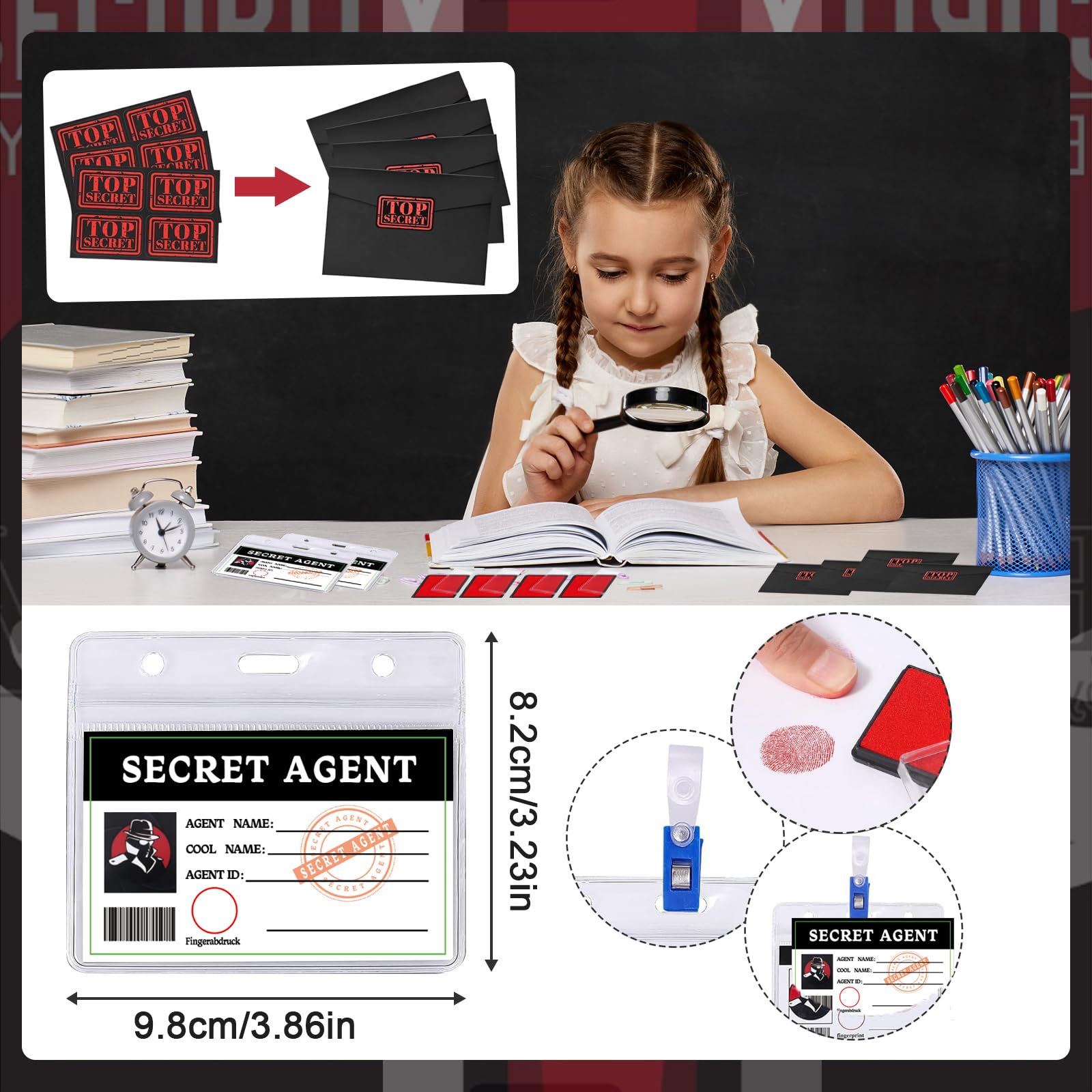 48 Pezzi Bambini Giocattolo Detective, Kit Spionaggio Gioco Detective per Bambini， con penna UV, taccuino, lente d'ingrandimento giocattolo, carte d'identità con clip, tampone per impronte digitali