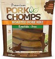 Pork Chomps 6-Inch Rib Shape Roasted Pork Skin Dog Chews - Rawhide-Free, 99.9% Digestible, High Protein for Medium & Large Dogs, 10 Count