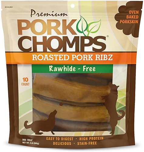 Pork Chomps Roasted Pork Skin Dog Chews, 6-inch Rib Shapes, 10 Count - Ribs (Roasted Pork) - 2 Pound (Pack of 1)