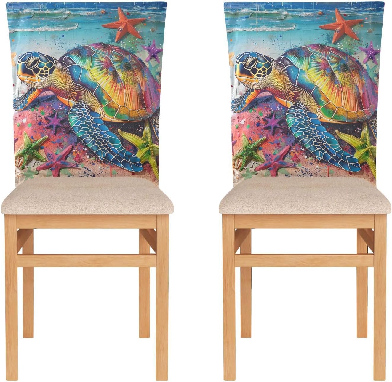 ALAZA Rainbow Turtle Starfish Chair Back Cover Set of 6, Washable Reusable Removable Chair Slipcovers Decorative Chair Cover for Home Kitchen Wedding Party
