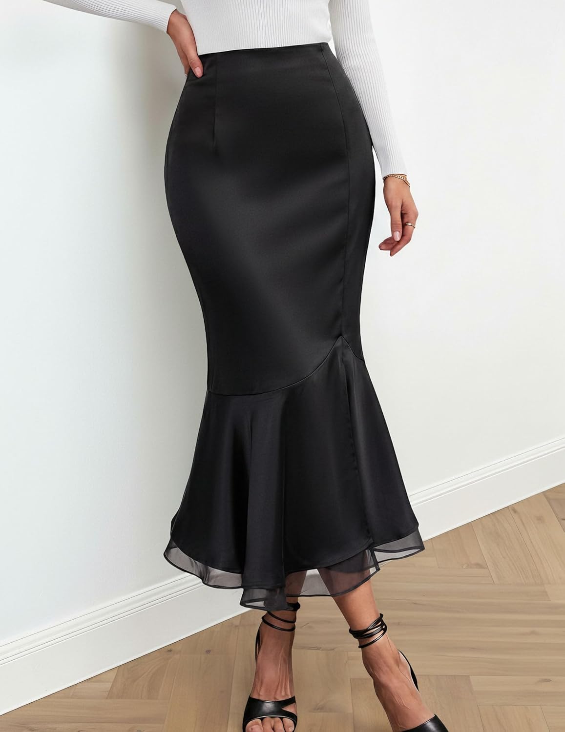 DERAX Womens Silk Satin Midi Mermaid Skirt Bodycon High Waisted Flowy Ruffled Tiered 2026 Spring Summer Fishtail Skirts - Image 4