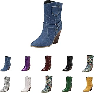 Botines de tacón alto, tacón de bloque, botas de vaquero para mujer, de piel, botas occidentales, puntiagudas, medias botas, coloridas, botas de equitación largas, elegantes botas de poliuretano