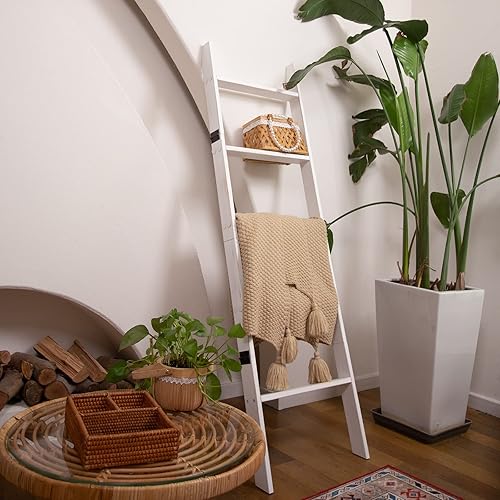 Miniatura 7 de Escalera para mantas, soporte de edredón de madera de 5 niveles, estante decorativo para escalera, estante inclinado, estante de almacenamiento de