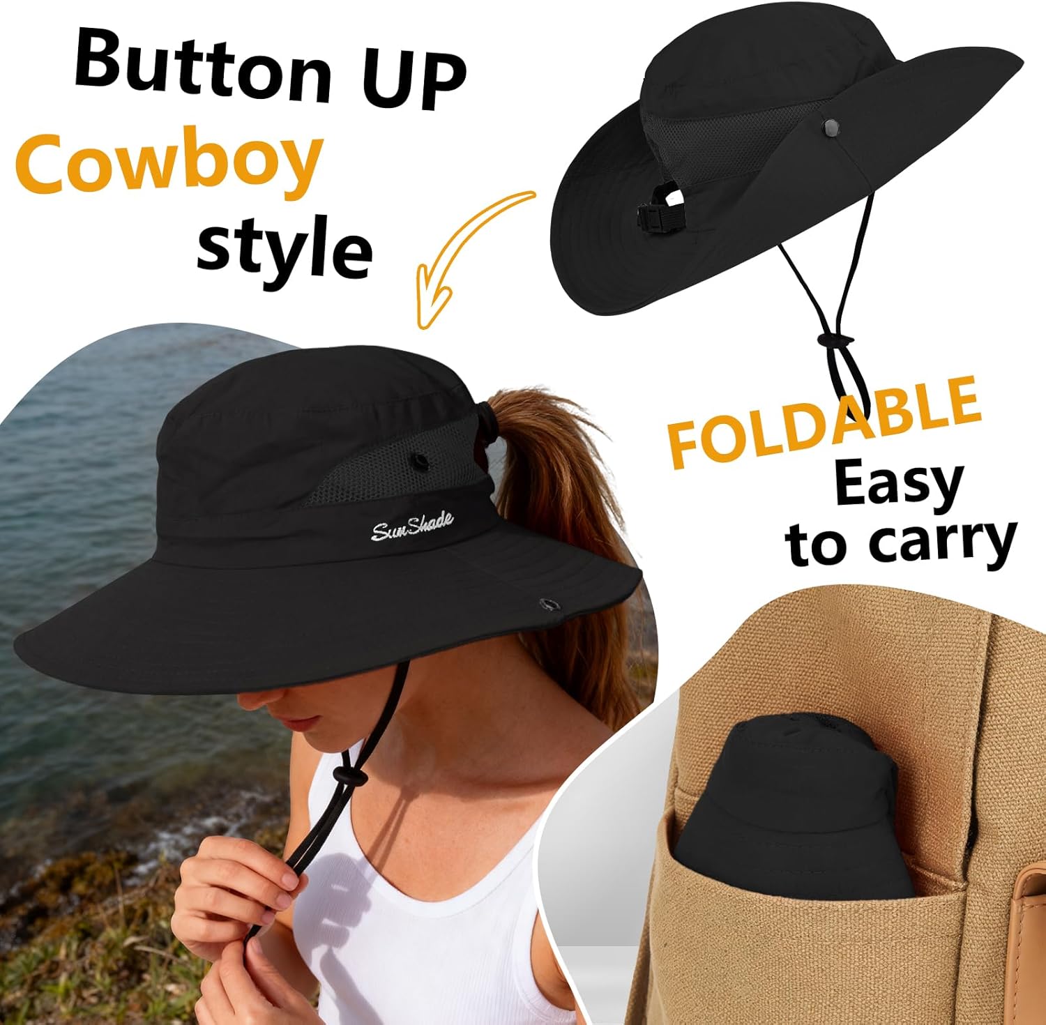 ZOORON Women's Ponytail Safari Sun Hat,Wide Brim UV Protection Outdoor Bucket Hat,Foldable Beach Summer Fishing Hat - Image 3